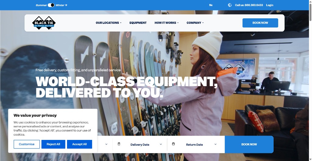 Black Tie Skis equipment browsing and rental experience