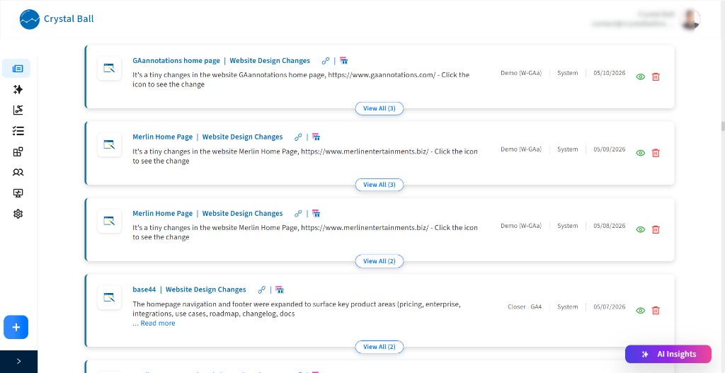 Crystal Ball activity feed with website design change insights