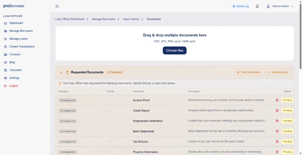proBorrower document upload and requested documents workflow