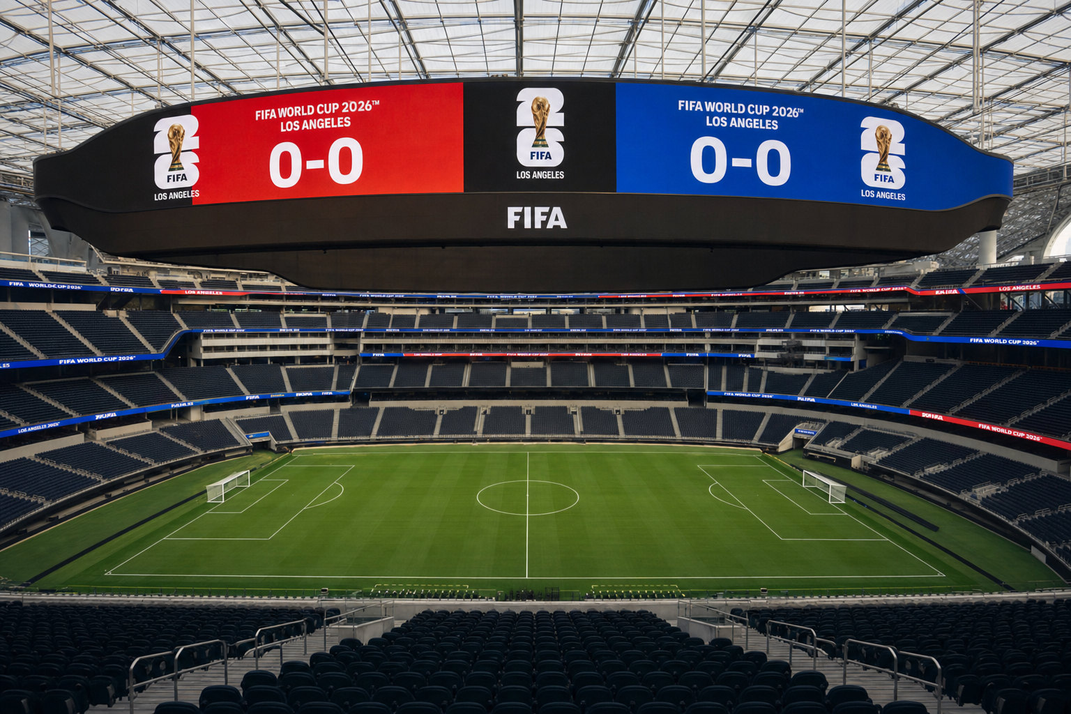 FIFA World Cup 2026 Los Angeles stadium with soccer pitch and Infinity Screen